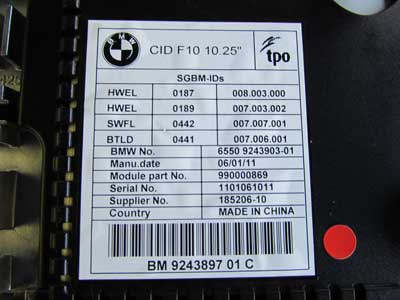 BMW LCD Dash Screen 65509243903 F10 528i 535i 550i ActiveHybrid 5 M57